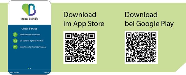 QR-Codes zum Herunterladen der Beihilfe-App im App Store und bei Google Play.